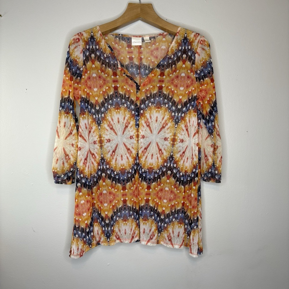 Chico's Multicolor Kaleidoscope Sheer Tunic Cover Up Women M Boho Artistic Beach